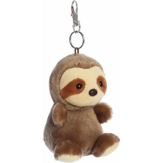 Close up of the premium metal clip on the Slomo Sloth Palm Pal toy attached to a backpack strap.