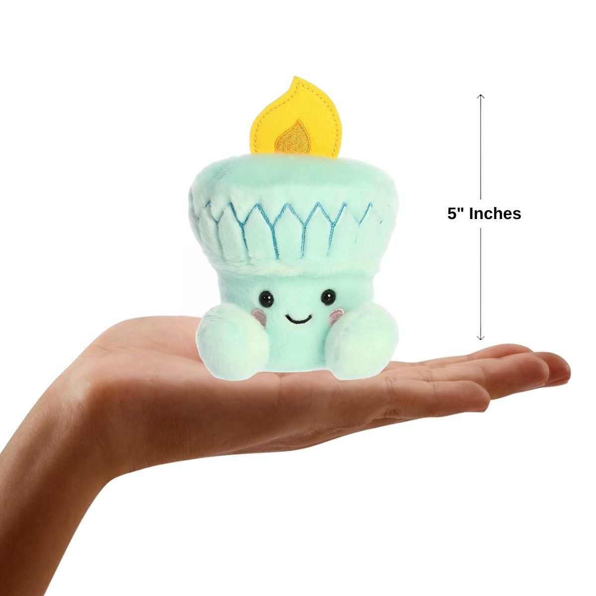 Dimension graphic showing the 5-inch Aurora Palm Pals Republic Torch resting comfortably in a person's hand.