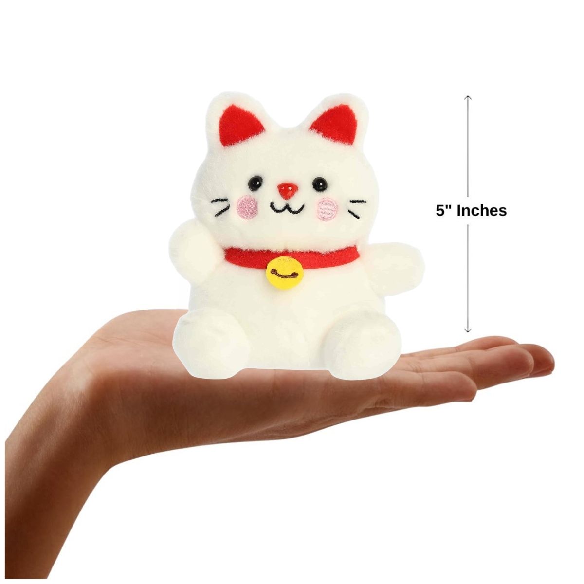Sizing graphic showing the 5-inch Palm Pals Kota Lucky Cat plush sitting perfectly in the palm of a hand to demonstrate its small scale.