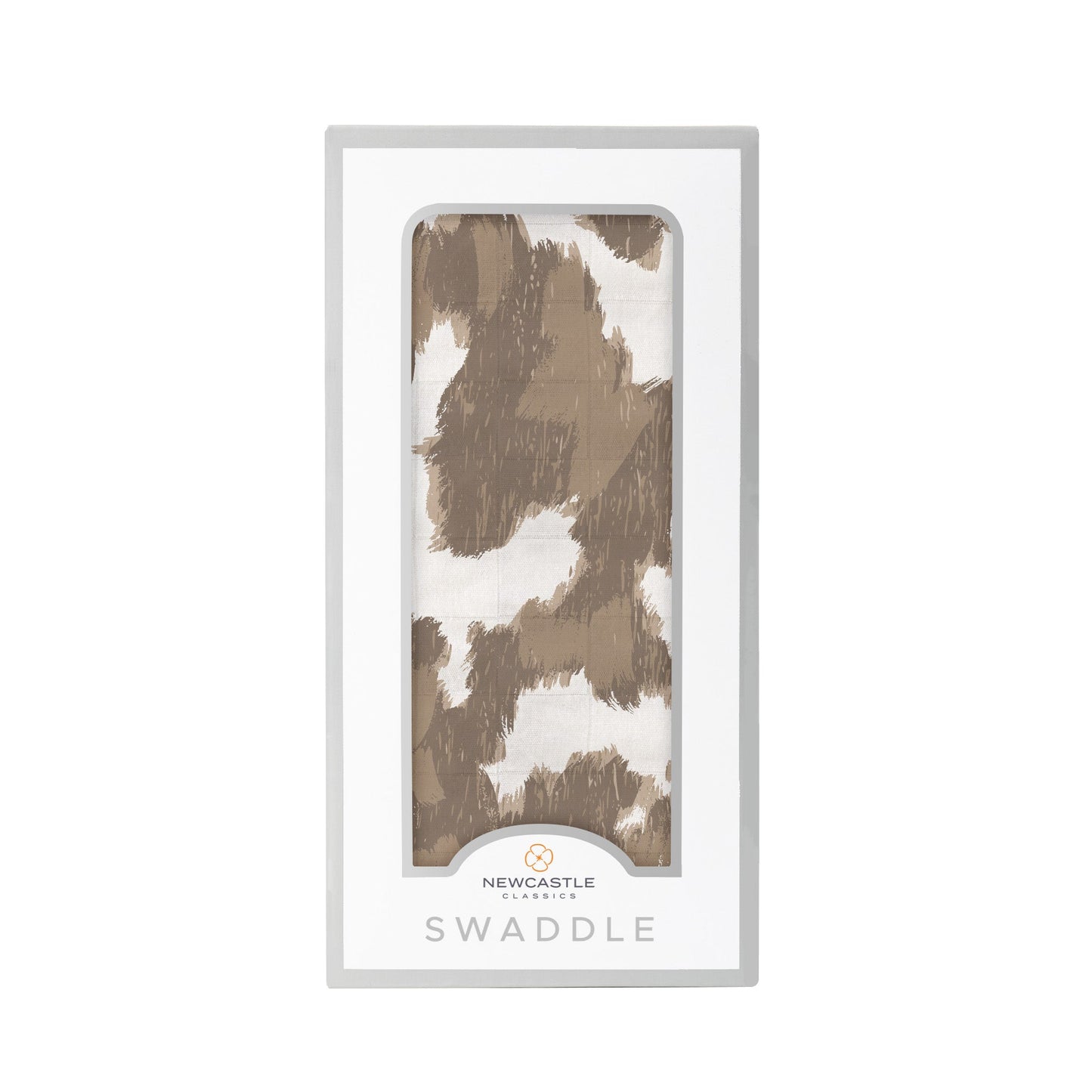 Straight front view of the packaged cowhide print baby swaddle blanket in a Newcastle Classics box.