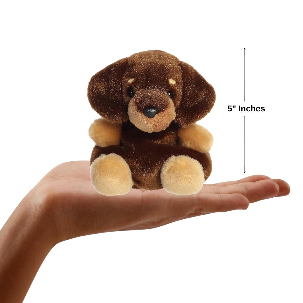 A hand holding the Aurora Palm Pals Houdini Dachshund plush, demonstrating its small, 5-inch palm-sized design.