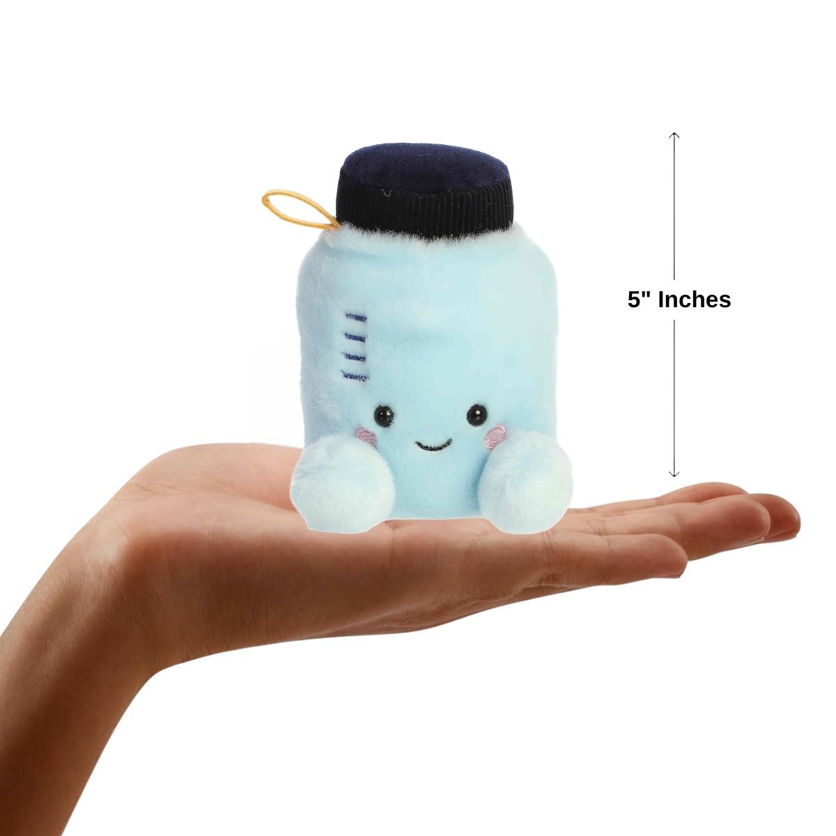 A human hand holding the five-inch Rowan Water Bottle plush, illustrating its miniature, palm-sized scale.