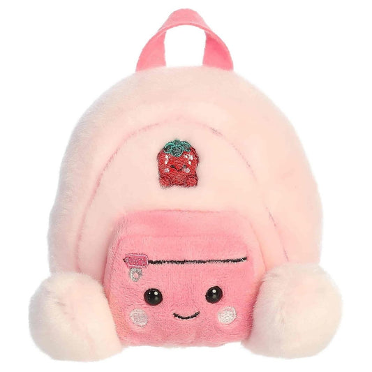 Straight-on perspective of the pink knapsack plush highlighting its sweet embroidered face, rosy cheeks, and top loop.