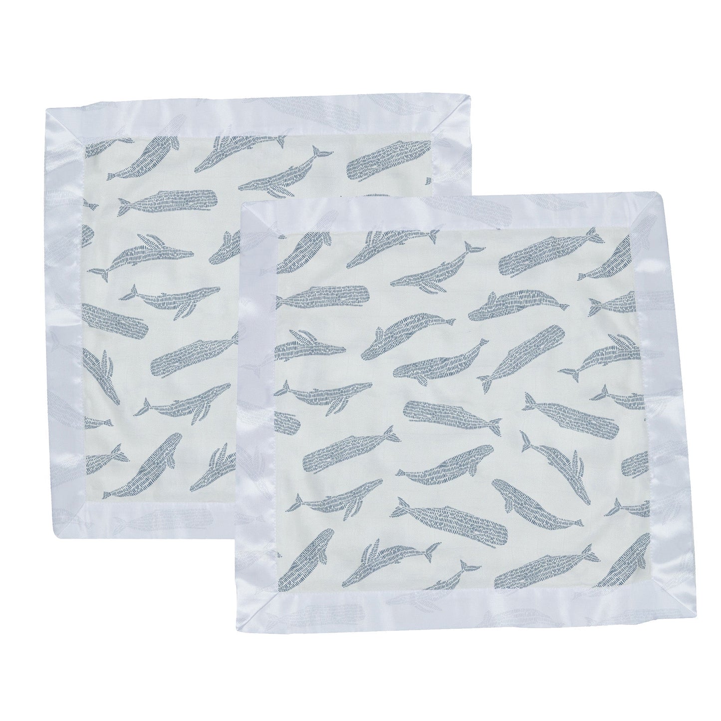 Two identical Newcastle Classics whale print bamboo lovey blankets laid out side-by-side.
