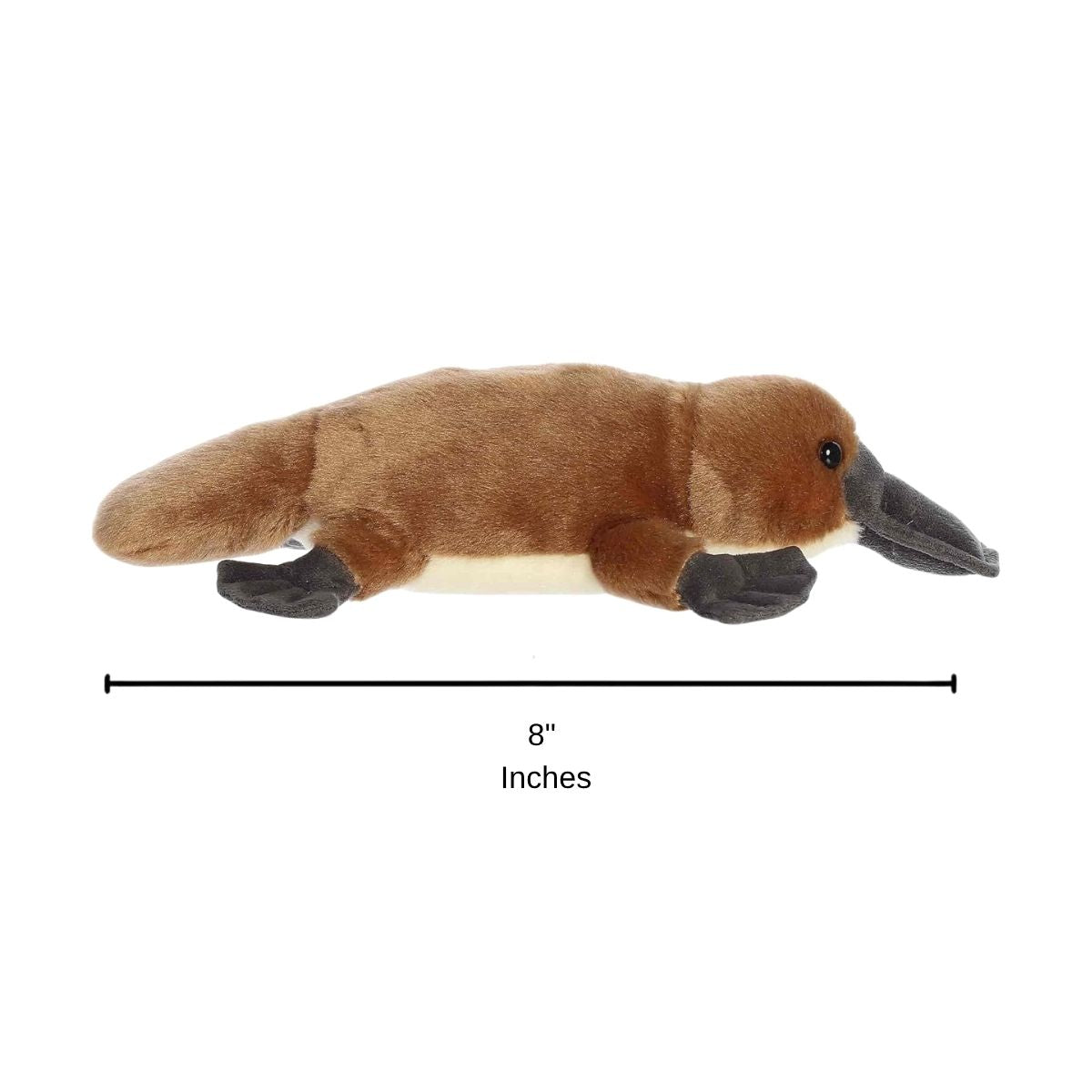 Side profile layout of the Aurora Bindi platypus plush displaying an 8-inch length indicator graphic underneath.