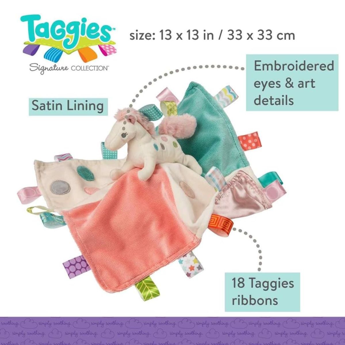 Close up of the Painted Pony plush character and silky satin loop tags on the sensory lovey.