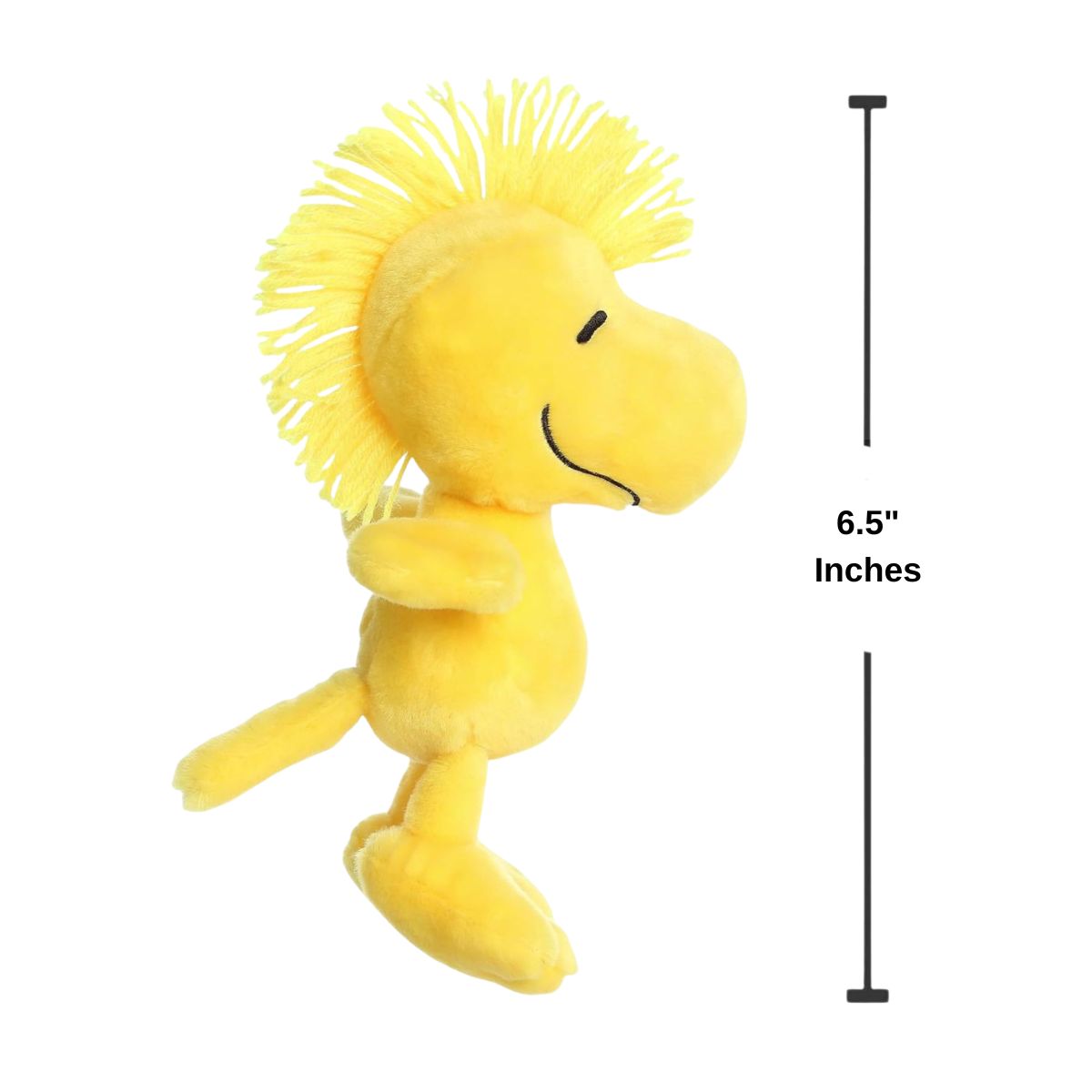 Scale graphic showing the 6.5-inch Floppy Woodstock plush from a side profile alongside a measurement line.