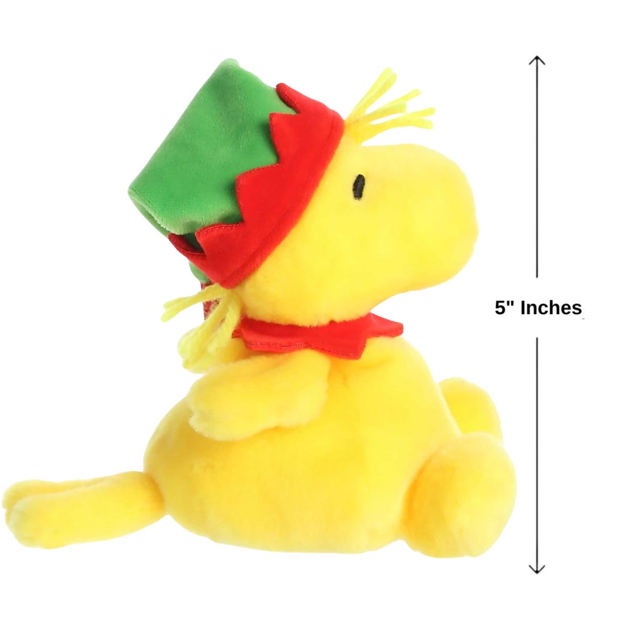 The left side profile view of the miniature Elf Woodstock plush sitting inside an open human hand displaying a 5-inch height indicator graphic.