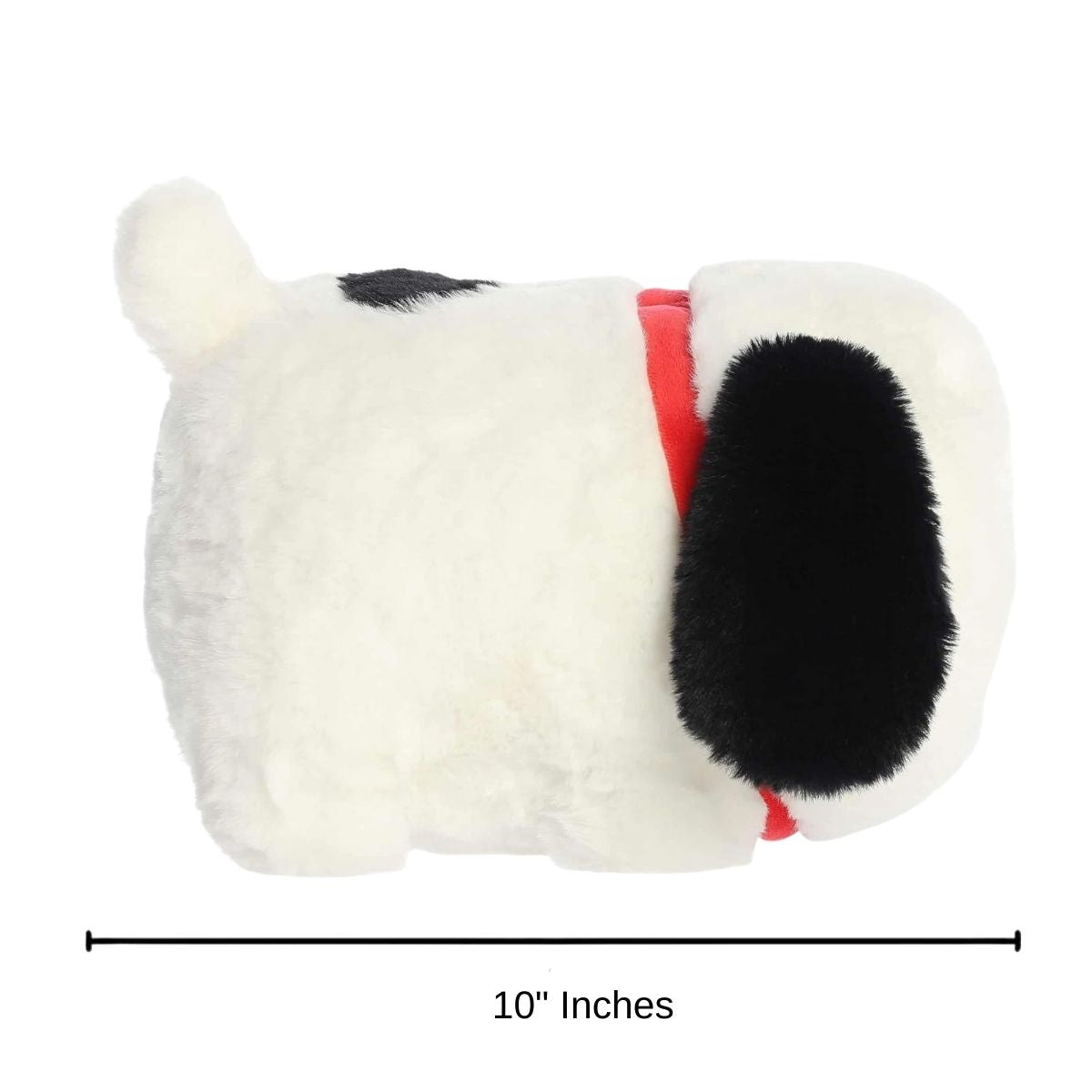 Side profile view of the Snoopy Spudsters stuffed animal resting on his belly with a measurement graphic indicating it is 10 inches long.