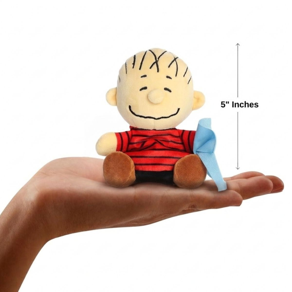 The miniature Linus with Blanket plush sitting balanced in an open human hand under a 5-inch height graphic indicator.