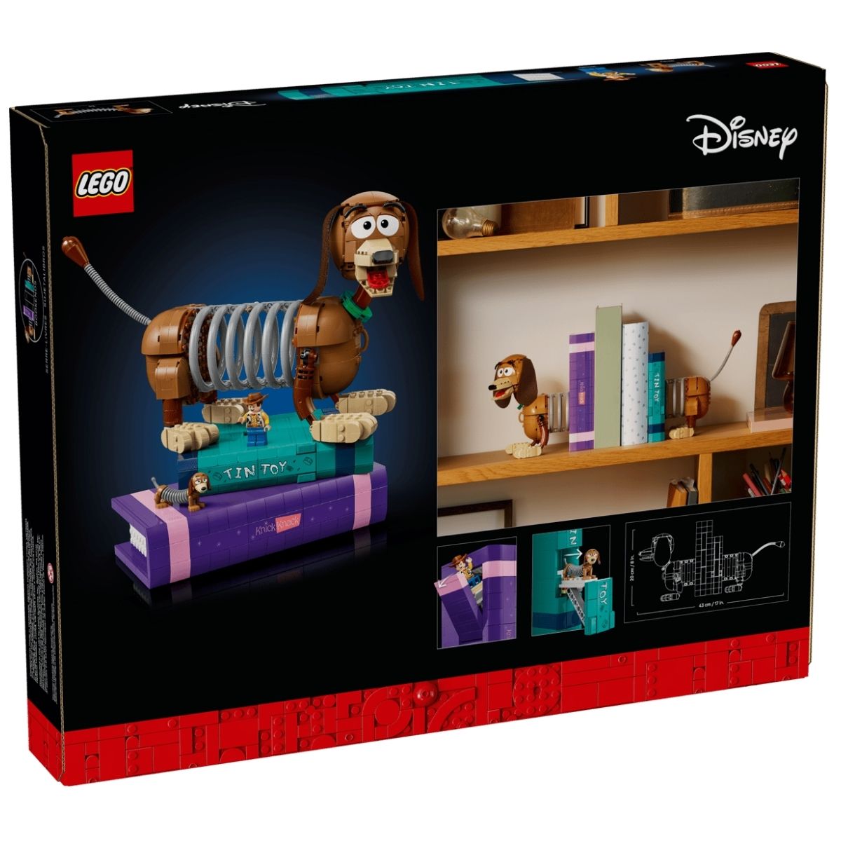 The front perspective view of the premium black LEGO® Toy Story Slinky Dog Bookends retail box.