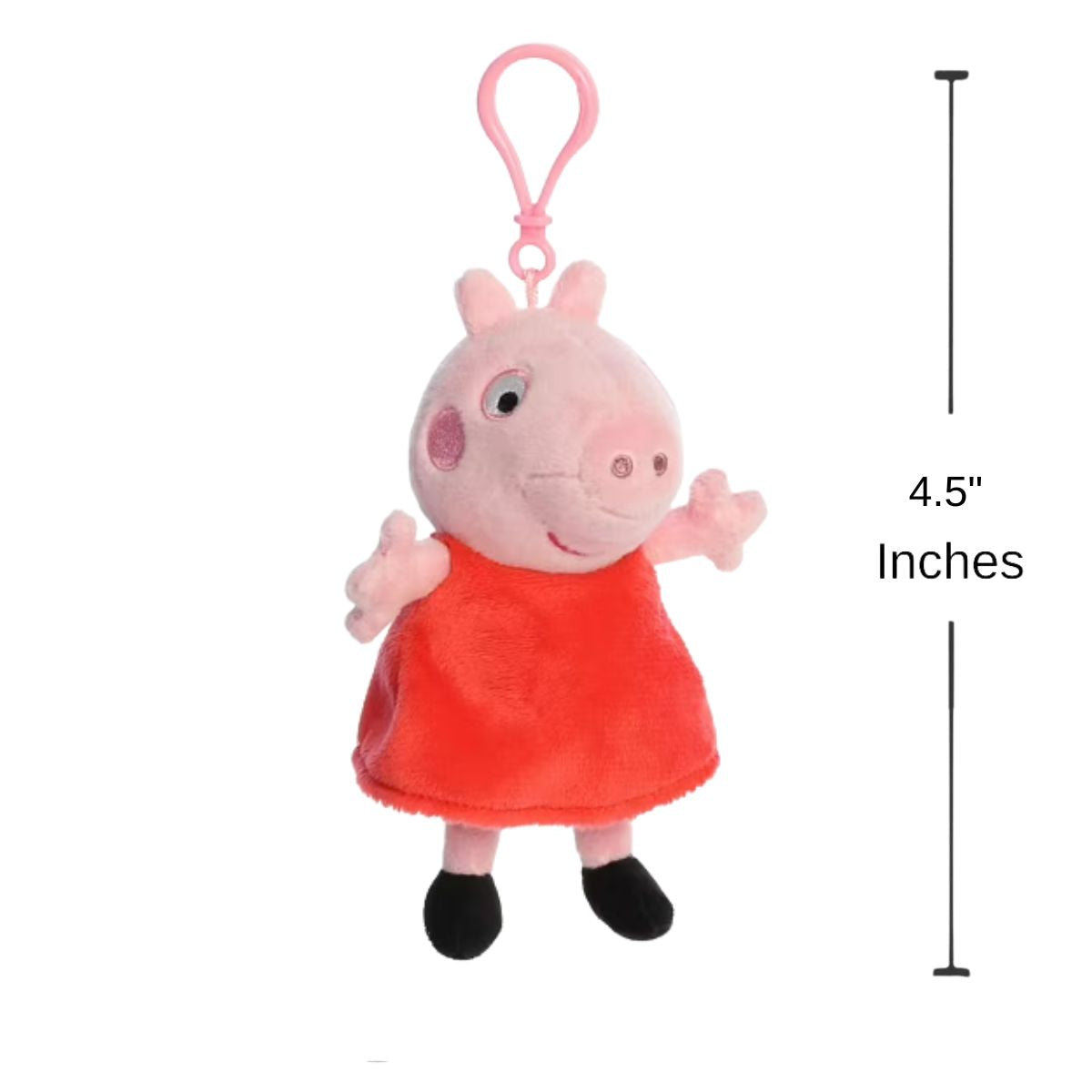 Sizing graphic showing the 4.5-inch Peppa Pig plush keychain alongside a measurement line to demonstrate its miniature scale.