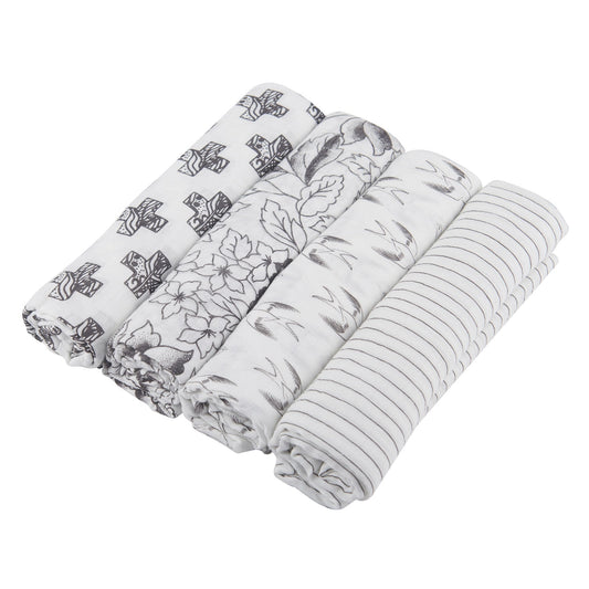 Monochrome 100% Natural Cotton Muslin Swaddle Blankets, 4 Pack