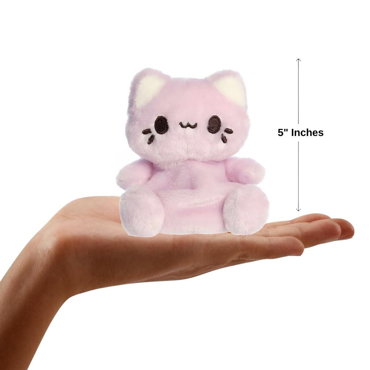 The miniature Taro Meowchi plush sitting inside an open human hand displaying a 5-inch height indicator graphic.