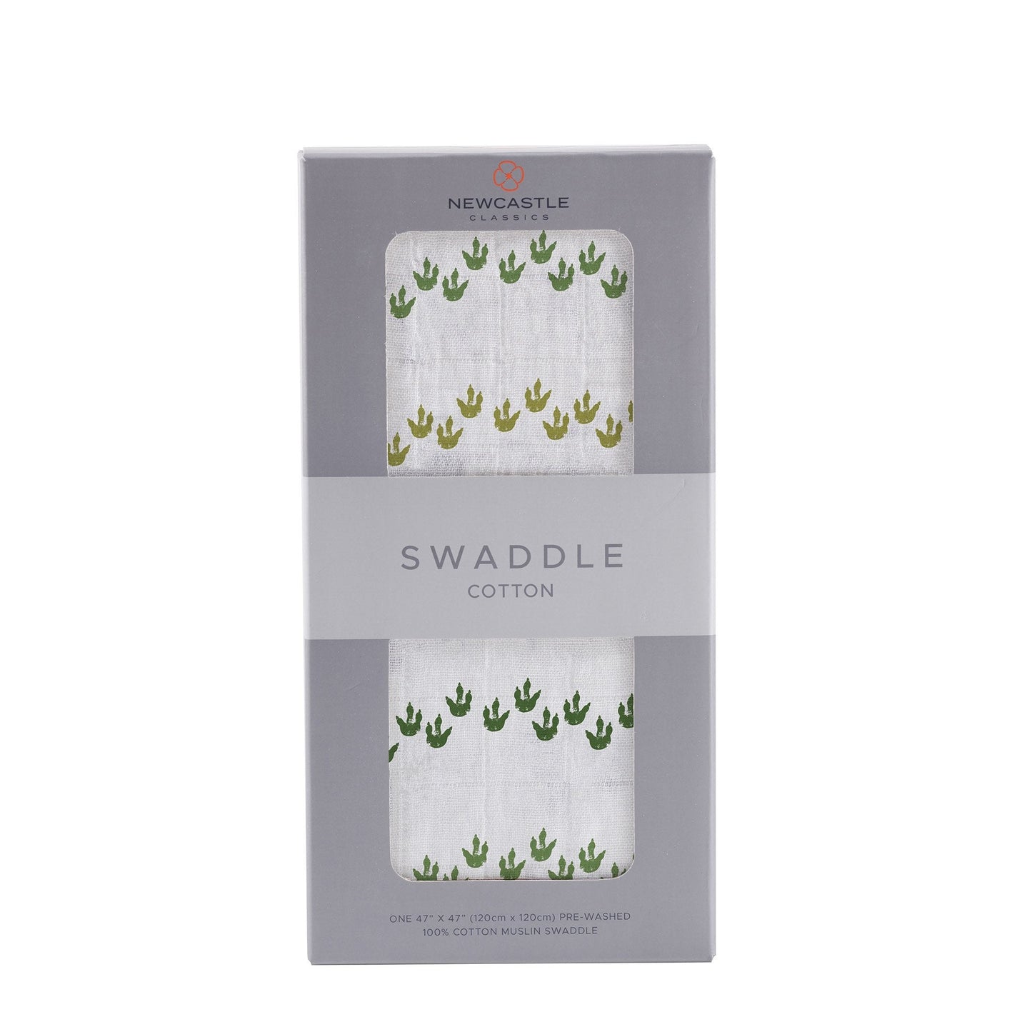Straight front view of the packaged Dino Feet baby swaddle blanket in a grey Newcastle Classics box.