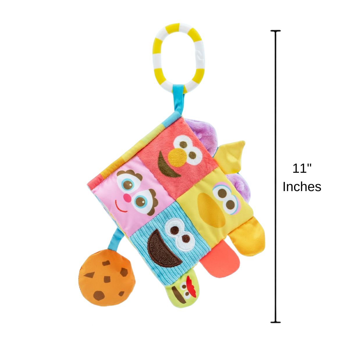 The full layout of the Sesame Street baby teether book hanging vertically next to an 11-inch height measurement graphic indicator.