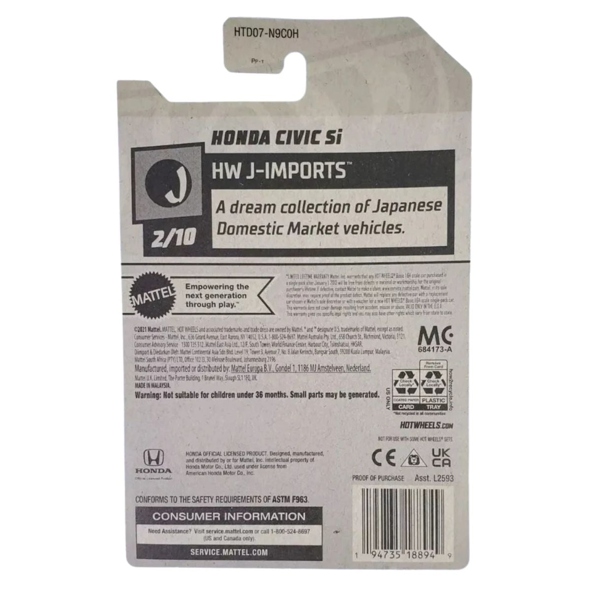 Hot Wheels Honda Civic Si Play Vehicle Car, J-Imports Series 2/10, Scale 1:64