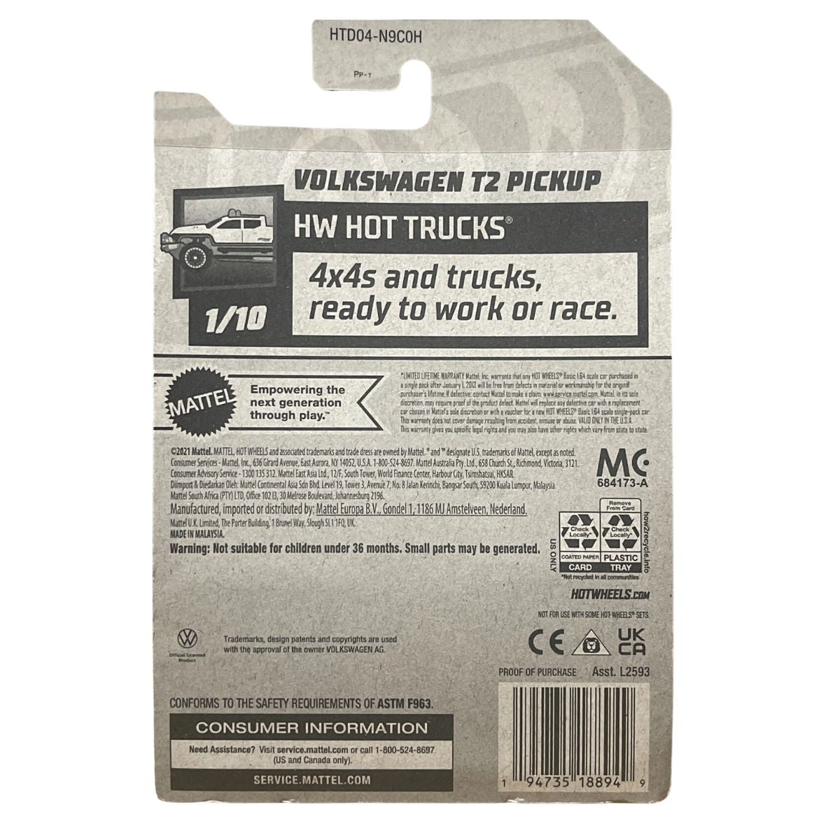 Hot Wheels Volkswagen T2 Pickup, HW Hot Trucks 1/10, Scale 1:64