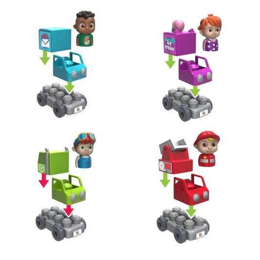 Cocomelon Build a Vehicle & Figure 4 Pack Set Includes JJ, TomTom, YoYo, & Cody