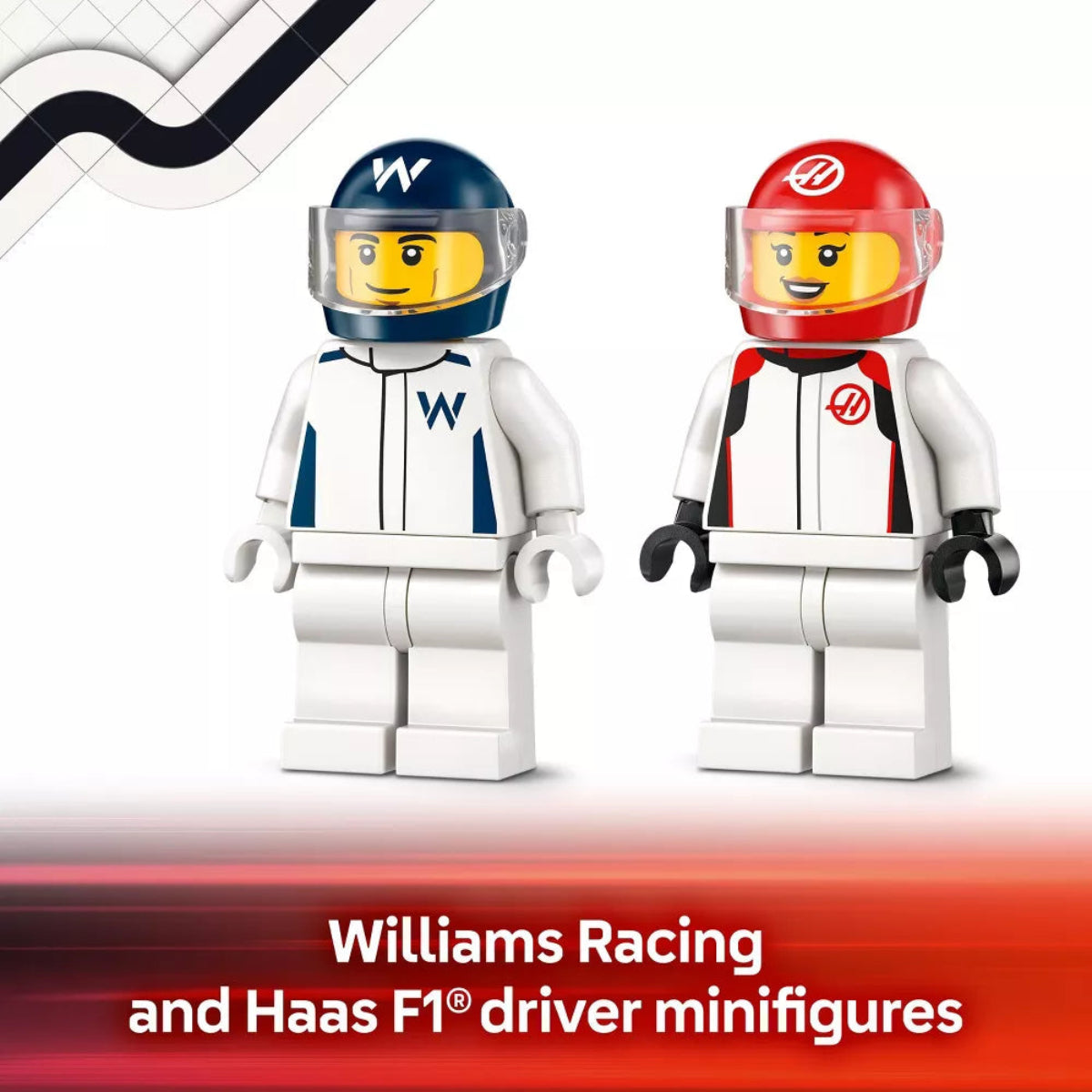 Two LEGO minifigures of Williams Racing and Haas F1 drivers on a white background with red and black accents.