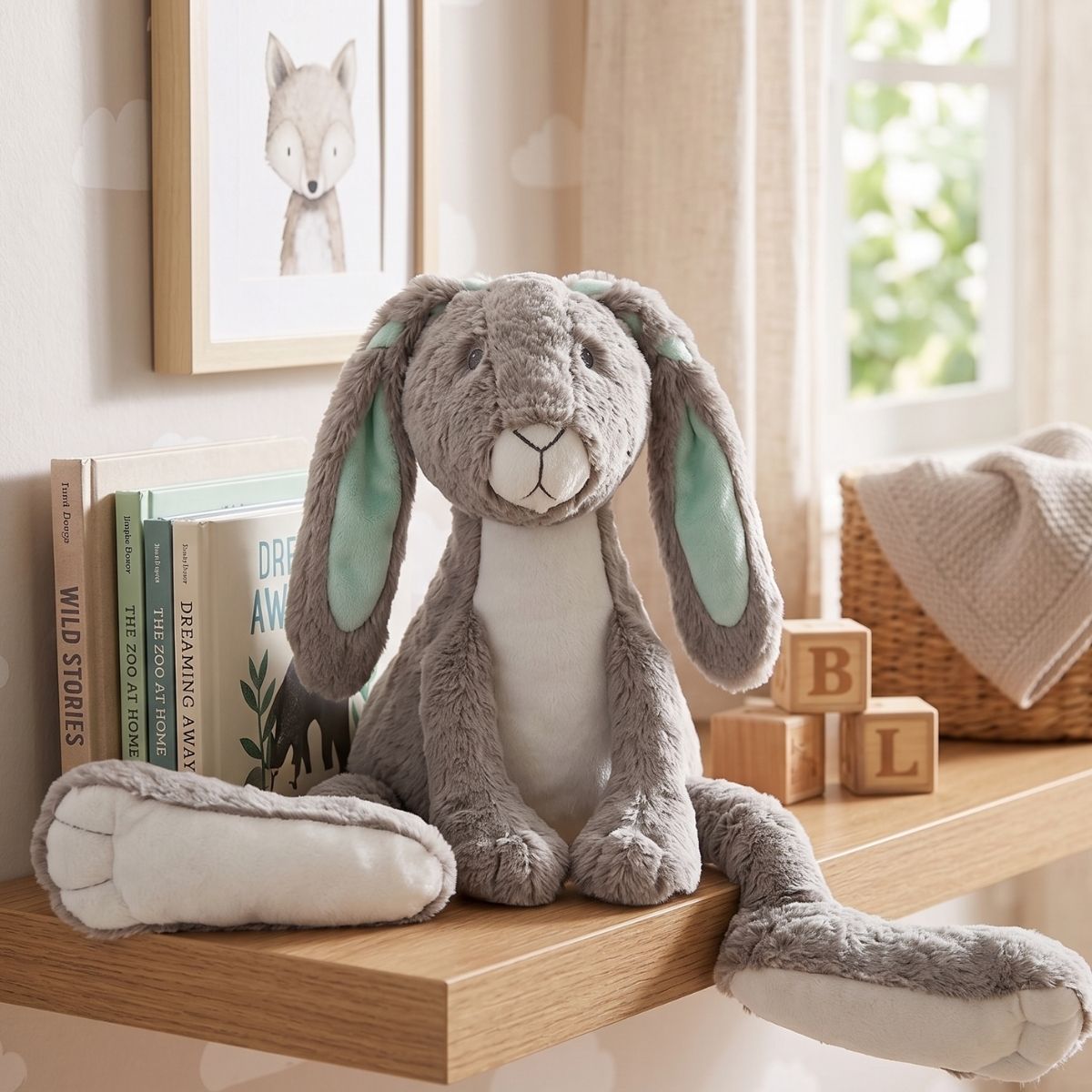 Happy Horse Rabbit Twine grey plush toy sitting on a wooden nursery shelf with its long legs stretched out next to classic children's books.