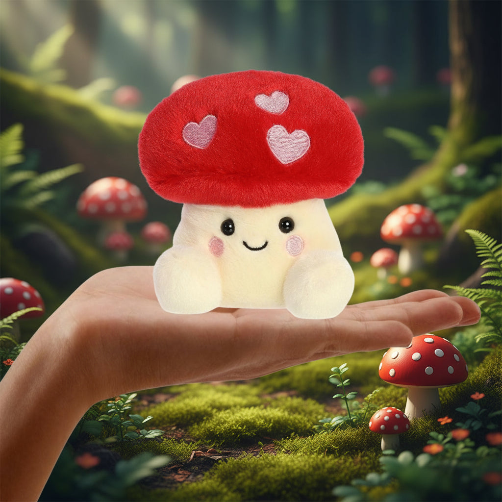 Plush mushroom toy with red cap and white body held in a hand, showing its size.