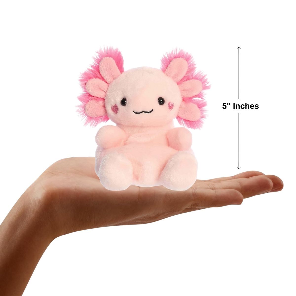 Sizing graphic for the Aurora Palm Pals Xena Love Axolotl plush showing it sitting perfectly in the palm of a hand, indicating a total height of 5 inches.