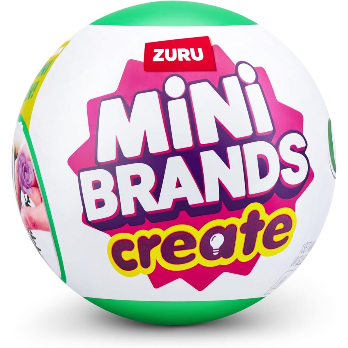 The front exterior view of a sealed white and green ZURU Mini Brands Create capsule wrapper.
