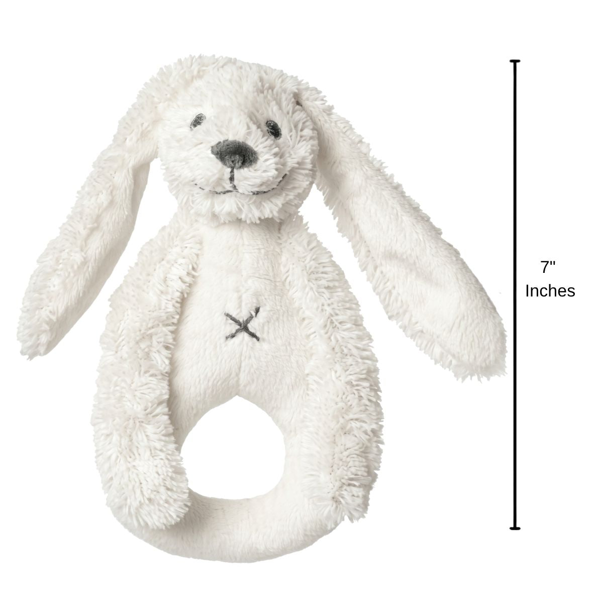Happy Horse Rabbit Richie ivory plush rattle standing upright with a 7-inch height indicator graphic.