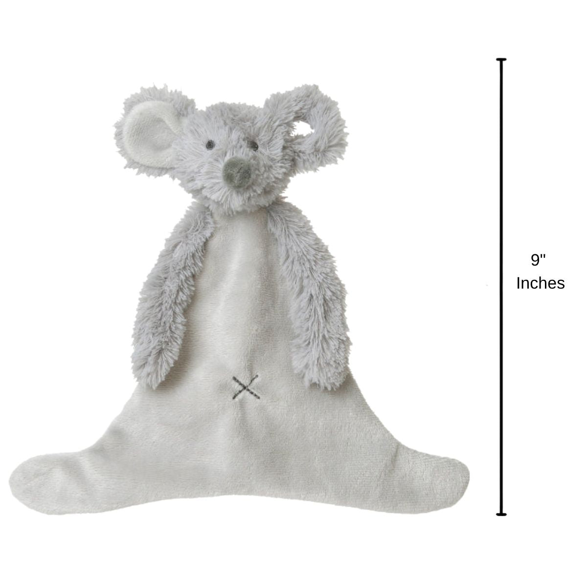Happy Horse Mouse Mindy plush security blanket standing upright displaying a 9-inch height indicator graphic.