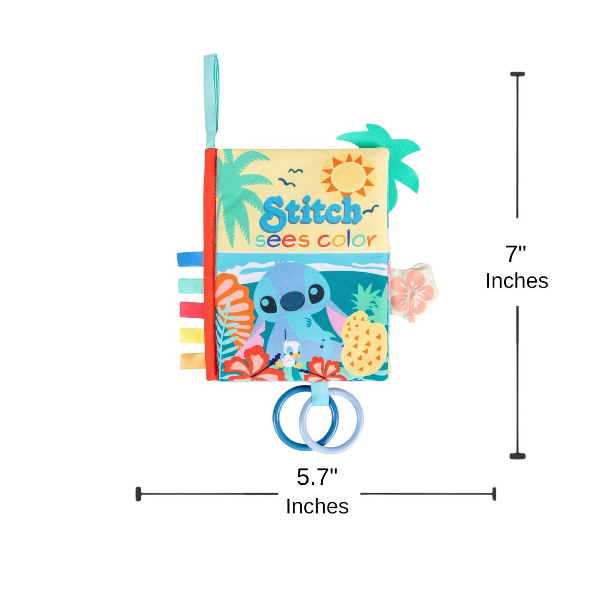 The front cover of the Stitch Sees Color fabric book displayed next to graphic indicators showing its 7-inch height and 5.75-inch width.