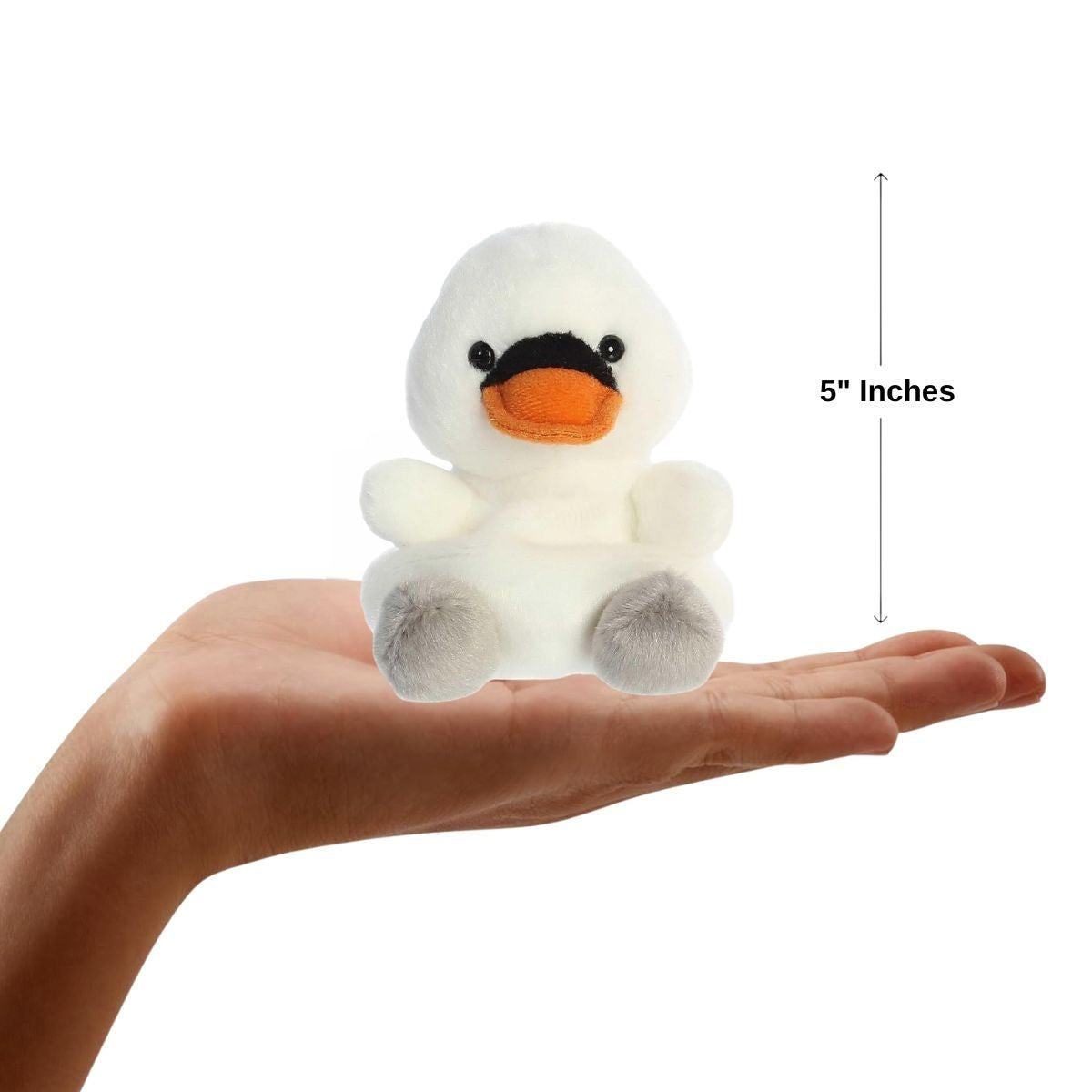 Front view of the mini swan plush sitting balanced on a human hand with a dimension line indicating its 5-inch height.