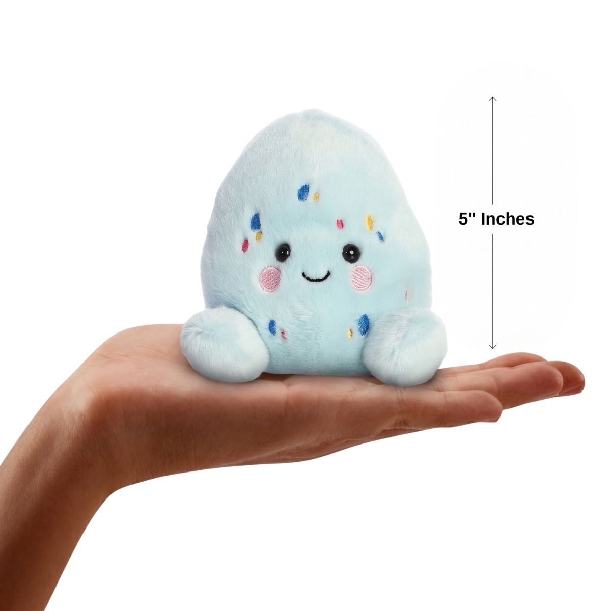 The miniature Shellie Robin Egg plush sitting balanced in an open human hand under a 5-inch height graphic indicator.