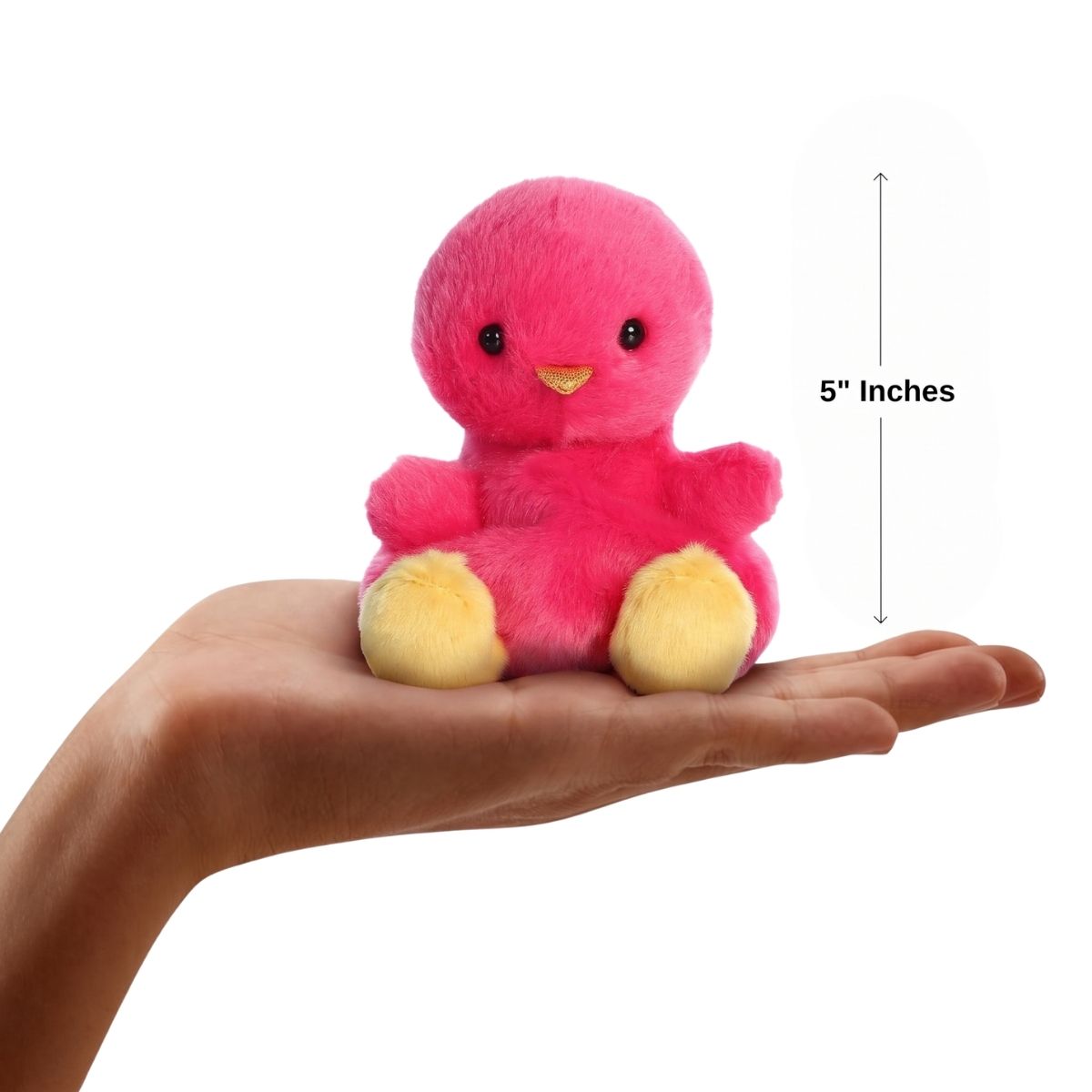 The miniature Peyton Pink Chick plush sitting balanced in an open human hand under a 5-inch height graphic indicator.
