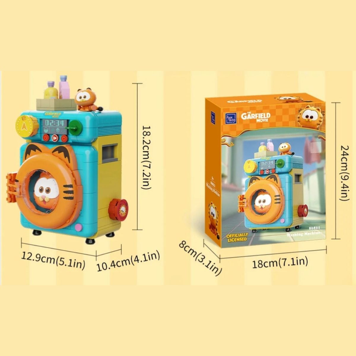 Detailed dimensions and size guide for the Pantasy Garfield Washing Machine building block model.
