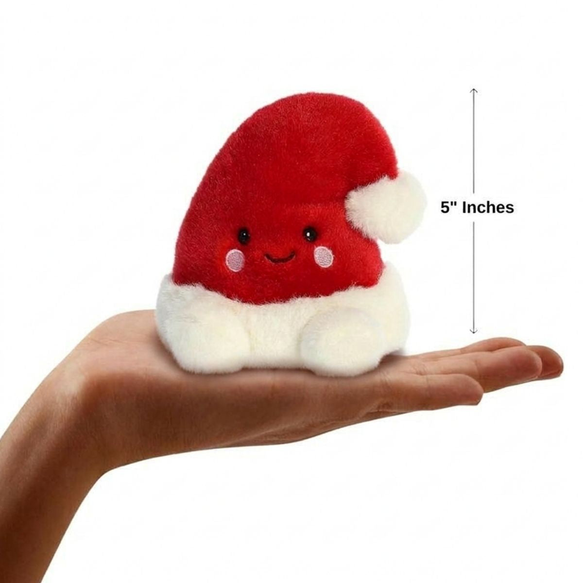 The miniature Topper Santa Hat plush sitting balanced in an open human hand under a 5-inch height graphic indicator.