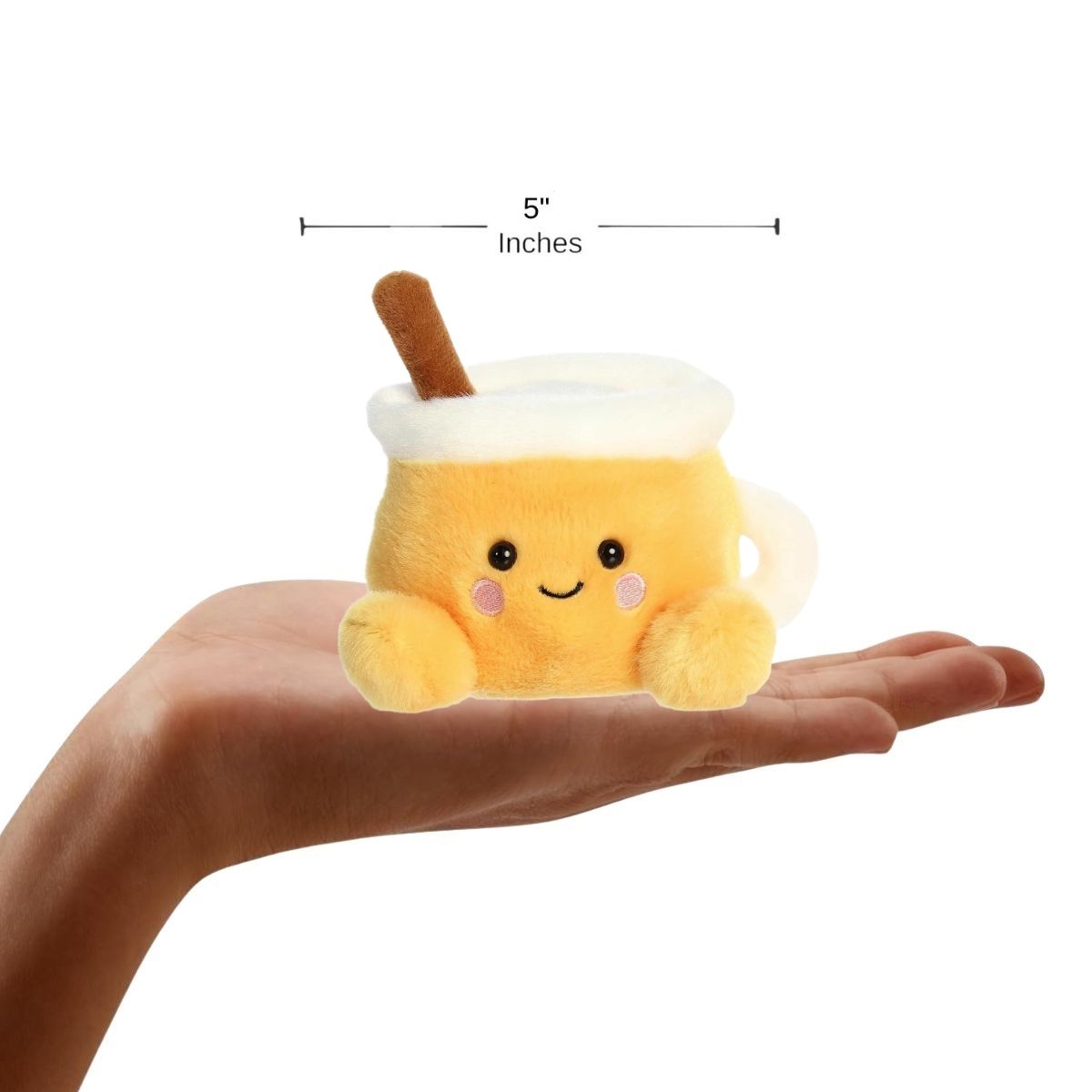 The miniature Mac Apple Cider plush sitting inside an open human hand displaying a 5-inch width and height indicator graphic.