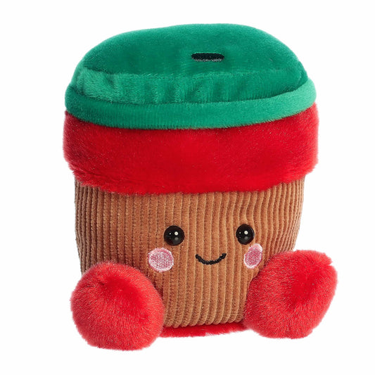 Plush toy resembling a coffee cup with a green lid and red accents on a white background