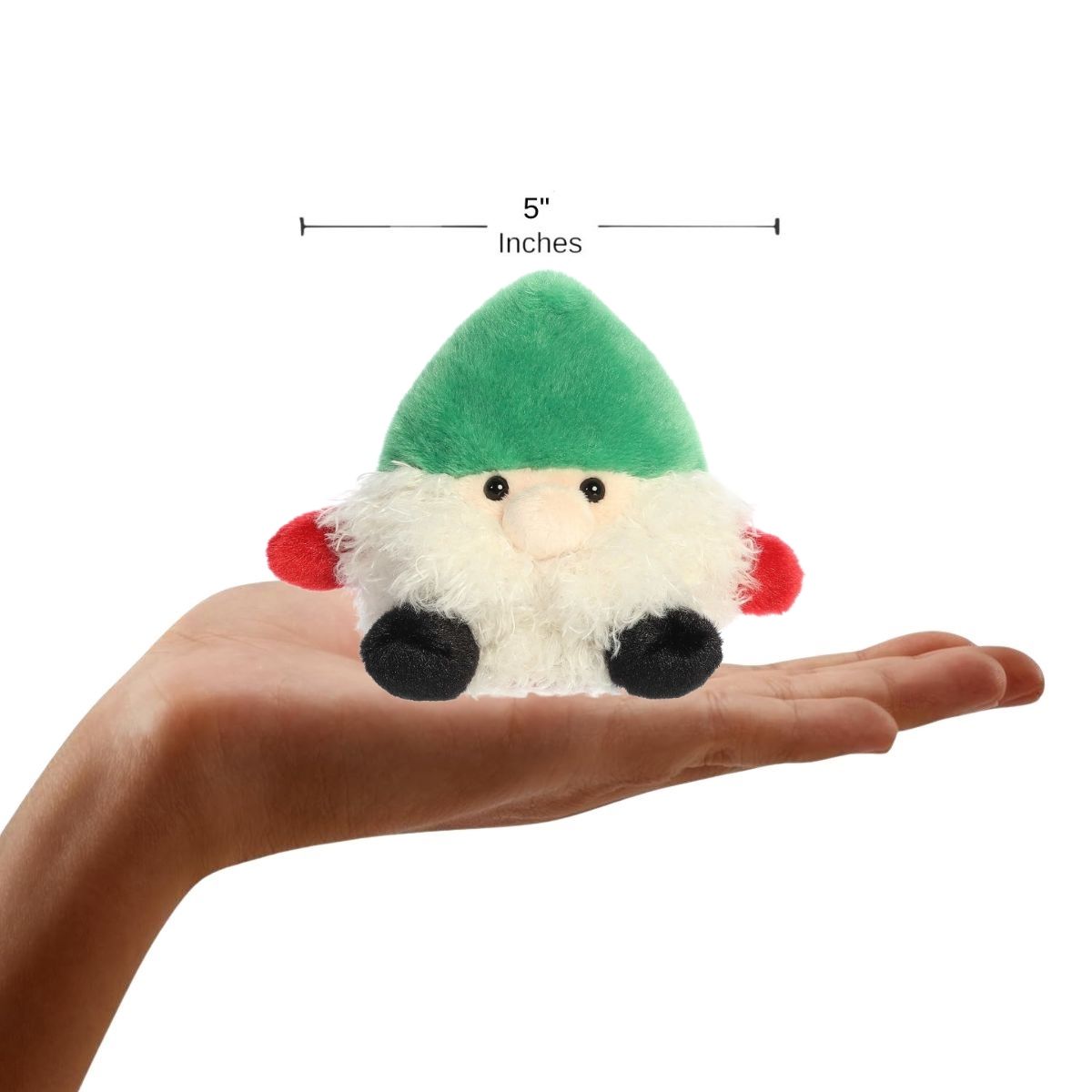 The miniature Gnick Gnome plush sitting inside an open human hand displaying a 5-inch width indicator graphic.