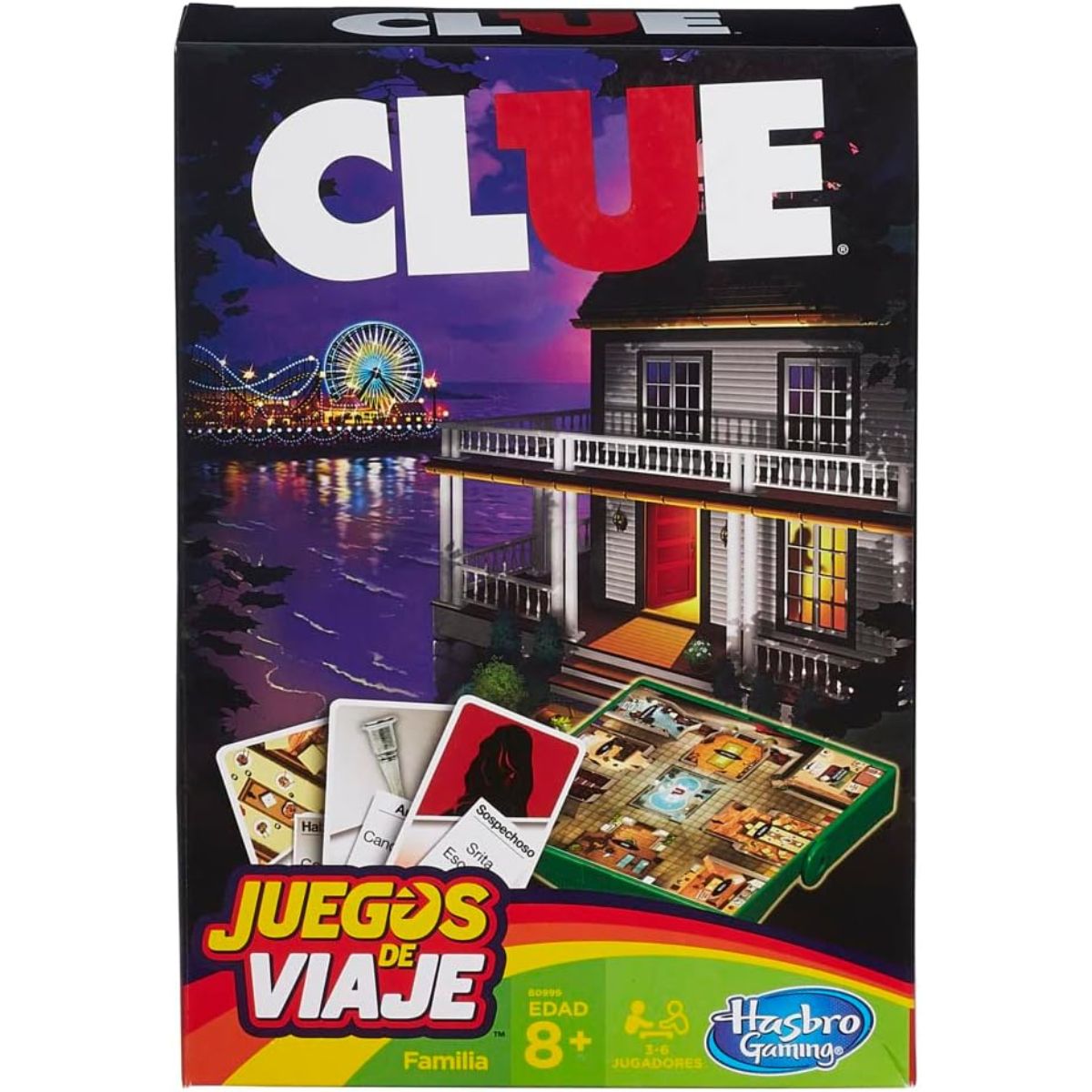 Front view of the Clue Grab and Go travel game box showing the iconic mansion artwork and a yellow bilingual travel banner label.