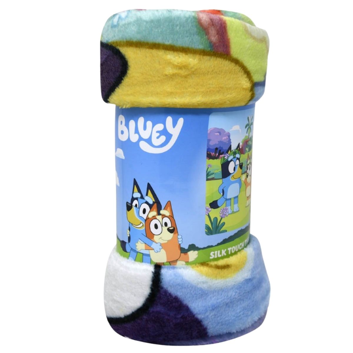 Close-up view of the rolled-up Bluey and Bingo silky fleece throw blanket showing its soft texture and the printed packaging band.