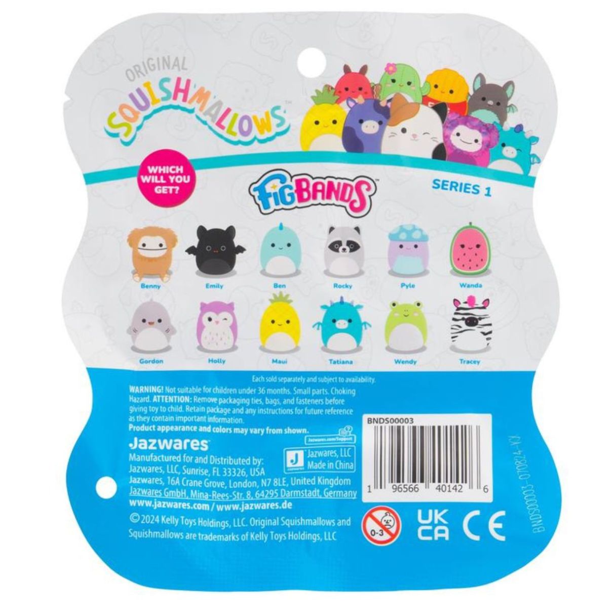 The back of the blue and white Hello Kitty FigBands mystery pack displaying the visual collection checklist and barcode details.