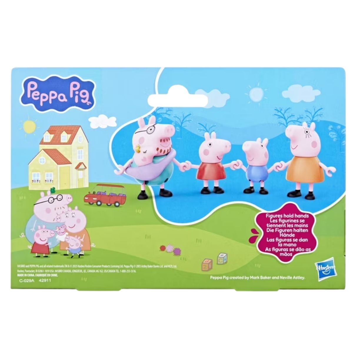 Back packaging view thumbnail of the Hasbro Peppa Pig Family of 5 figure toy set illustrating how the figures hold hands.