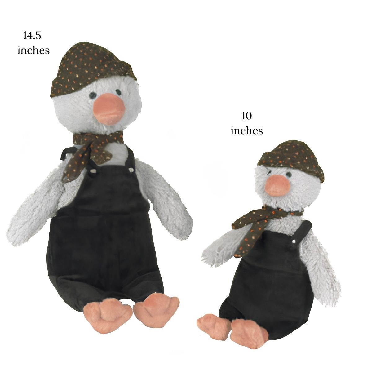 Happy Horse Penguin Polar plush toys showing the size 2 14.5-inch model standing next to the smaller size 1 model.