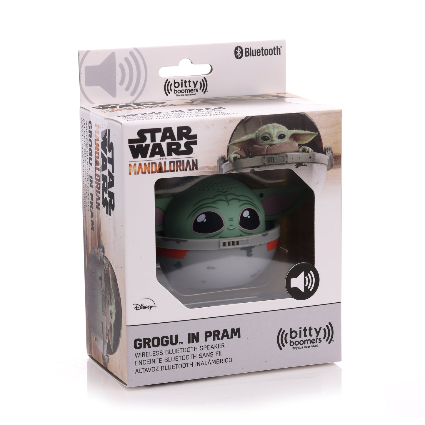 Front view of the Grogu in Pram mini Bluetooth speaker inside its official Star Wars The Mandalorian clear display packaging.
