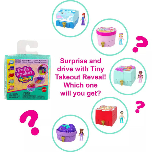 Polly Pocket toy set packaging with miniature boxes and dolls on a white background
