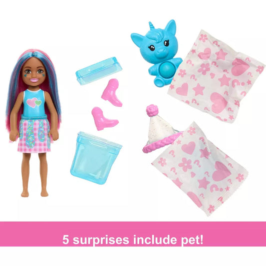 Toy doll with accessories including a pet, on a white background