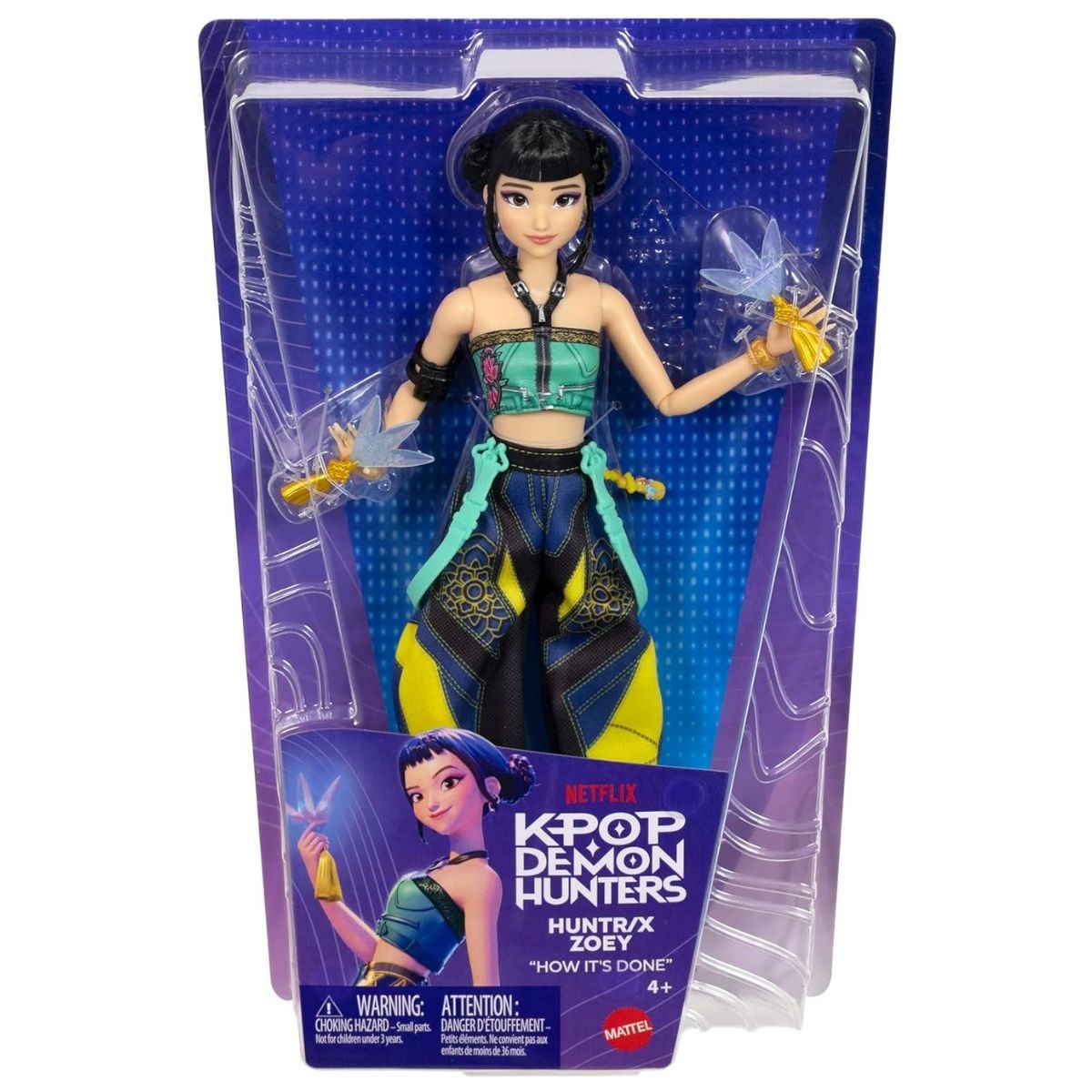 The K-Pop Demon Hunter Core Zoey fashion doll securely presented inside its official purple and blue Mattel window box packaging.