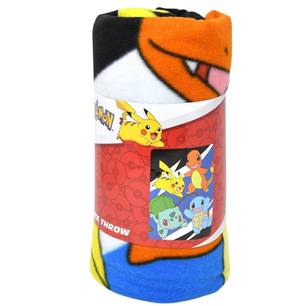 The Pokémon fleece blanket tightly rolled and packaged with a branded red and white paper wrap.