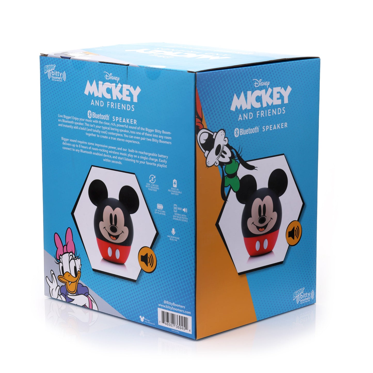 Back view of the blue Disney display packaging box showing product details, instructions, and character graphics.